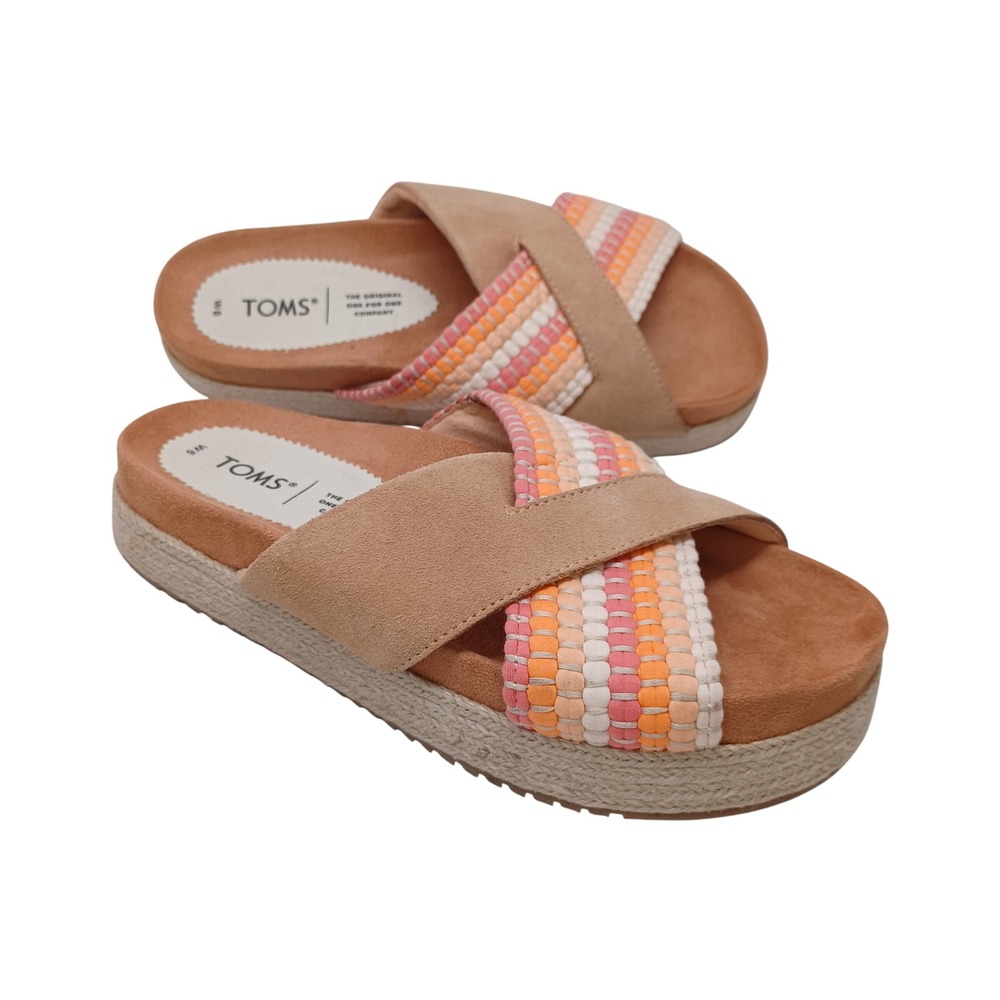 Toms Monica Platform Slide Sandals Tan Suede Woven Espadrille Womens 6 Multi